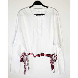 Moelleux Womens White Dolman Sleeve Blouse Hidden Button Front Red Trim Tie